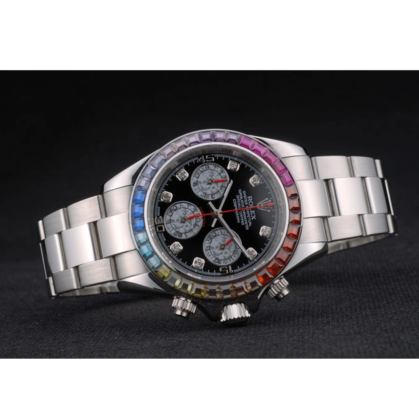 AAA Replica Watches Rainbow Rolex Strap Steep Dial 80250 Daytona Black Cosmograph Stainless Crystals Bezel 0728